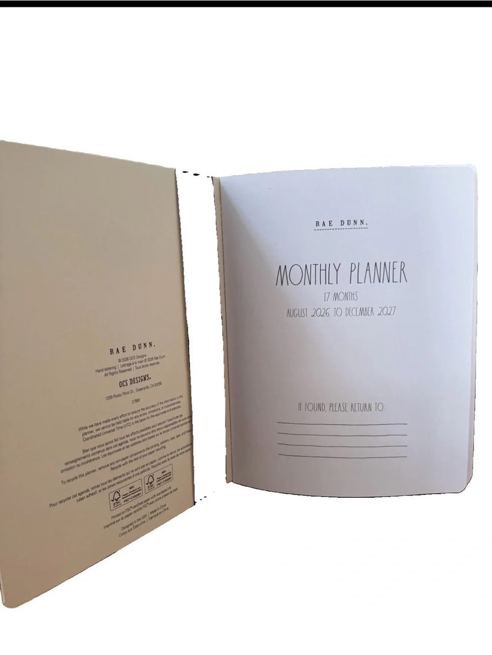 Rae Dunn 2027 PLANNER Soft Cover Spiral 17 months Planner  Ivory 9x7”